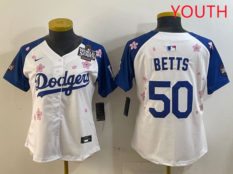 Youth Los Angeles Dodgers 50 Betts White Blue Sakura Edition 2025 Nike MLB Jersey style 3